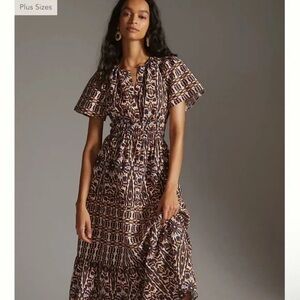 Maeve Summerset Brown and White Smocked Maxi Dress
